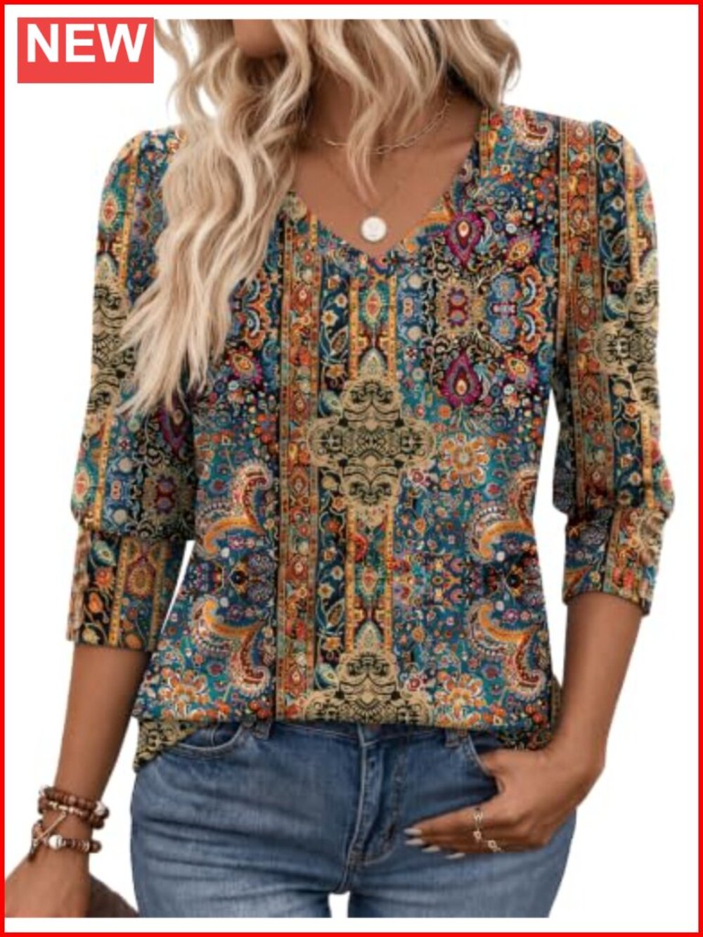 Zeagoo Womens 3/4 Sleeve V Neck Puff Sleeve Blouse Button Dressy Casual Top